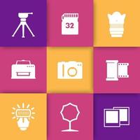 icônes d'équipement photo, appareil photo, trépied, carte mémoire, film, objectif, softbox, imprimante, flash vecteur