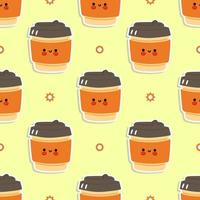 personnages de modèle de tasse de papier de café heureux mignons drôles. illustration vectorielle de style dessin animé ligne kawaii. joli motif de gobelet en papier à café vecteur