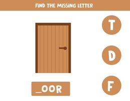 trouver la lettre manquante avec une porte en bois de dessin animé. fiche d'orthographe. vecteur