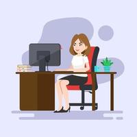 femme d'affaires au travail. femme employée de bureau derrière un bureau de travail. illustration vectorielle d'un design plat.