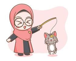 mignon une fille musulmane et une illustration de dessin animé de chat vecteur