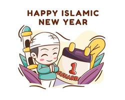 nouvel an islamique avec illustration de dessin animé mignon garçon musulman vecteur