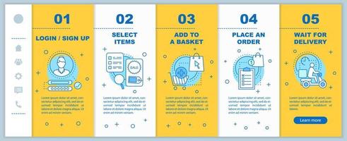 modèle de vecteur d'écran de page d'application mobile d'intégration des achats en ligne. sélectionner des articles, ajouter au panier, passer une commande pas à pas étapes du site Web avec des illustrations linéaires. ux, concept d'interface graphique pour smartphone
