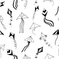 cerfs-volants motif sans couture doodle dessiné à la main. , minimalisme, scandinave, monochrome, couleurs tendance 2022. jouet, ciel, vent, ruban volant queue fond d'écran textile fond papier d'emballage vecteur