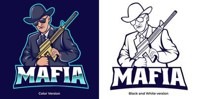 création de logo e-sport mafia sniper. illustration de la conception de mascotte de tireur d'élite mafieux. conception d'emblème de texte modifiable vecteur