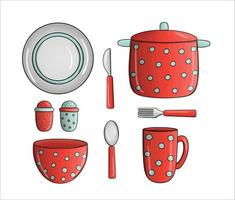 vecteur pot rouge à pois, bol, tasse, vaisselle. icônes d'outils de cuisine isolés sur fond blanc. équipement de cuisine de style dessin animé. jeu d'illustration vectorielle de vaisselle