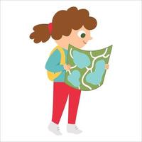 jolie fille marchant avec sac à dos et carte. enfant faisant des activités estivales. illustration vectorielle de camp d'été. personnage campeur. icône touristique de voyage boisé. vecteur