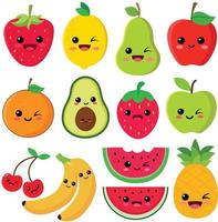 fruits mignons. heureux ensemble mignon de visages de fruits souriants. ensemble vectoriel d'icônes d'illustration de dessin animé plat