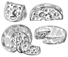 ensemble de croquis de fromage. collection de morceaux et de tranches de fromage de vecteur