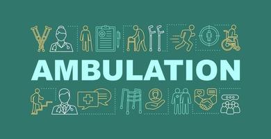 bannière de concepts de mot ambulation. réhabilitation. traitement orthopédique. soins de santé. déambulateurs, cannes. présentation, site internet. idée de typographie de lettrage isolé, icônes. illustration de contour de vecteur