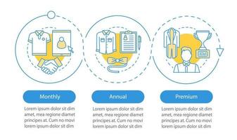 modèle d'infographie vectorielle des services consulaires de style hommes. club des messieurs. remises sur les achats. plans tarifaires. visualisation des données en trois étapes et options. graphique chronologique du processus. mise en page du flux de travail vecteur