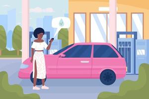 femme avec téléphone portable à la station-service urbaine illustration vectorielle de couleur plate vecteur