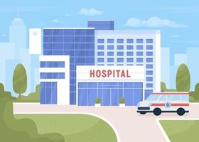 ambulance près de l'hôpital sur l'illustration vectorielle de couleur plate de la rue de la ville