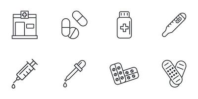 ensemble d'icônes de pharmacie. Éléments vectoriels de symbole de pack de pharmacie pour le web infographique vecteur