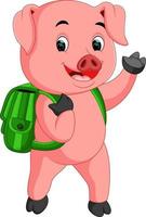 mignon cochon d'école marchant avec un sac à dos vecteur