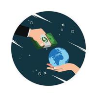 main tenant le globe terrestre et la main avec de l'argent illustration vectorielle vecteur