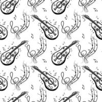 un motif harmonieux de symboles musicaux, guitare, ukulélé, notes, touches de violon. éléments de style doodle dessinés à la main. illustration vectorielle vecteur