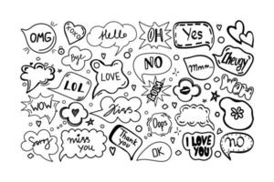 un ensemble de bulles avec des mots de dialogue dessinés à la main dans un style doodle. bonjour, amour, désolé, amour, je t'aime, baiser, non, au revoir, omg, piste de baiser, boum, lol. types de discours. illustration vectorielle.