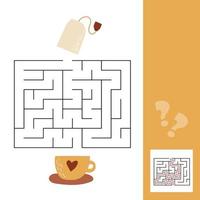tasse et sachet de thé. jeu de labyrinthe vectoriel avec solution pour les enfants d'âge préscolaire