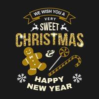 nous vous souhaitons un très doux tampon de Noël et de bonne année, un ensemble d'autocollants avec des flocons de neige, des bonbons de Noël, des biscuits. vecteur. conception de typographie vintage pour noël, emblème du nouvel an dans un style rétro