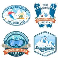 ensemble de patchs de club de snowboard. vecteur. concept pour patch, chemise, impression, timbre. conception de typographie vintage avec snowboarder et silhouette de montagne. sport extrême.