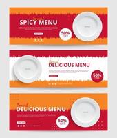 modèle de bannière web pour la nourriture et le restaurant, adapté aux médias sociaux alimentaires, fond orange rouge vecteur