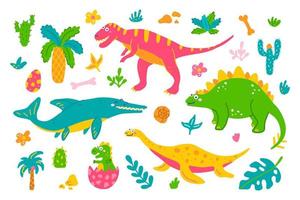 ensemble lumineux de dinosaures et de plantes sur fond blanc dans un style dessiné à la main, illustration vectorielle plate pour enfants vecteur