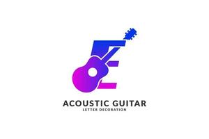 lettre isolée e décoration de guitare acoustique vecteur de couleur à la mode pour le logo d'identité de musicien et l'élément de titre de festival ou de concert