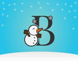 amusant et mignon lettre b bonhomme de neige décoration avec flocons de neige fond d'hiver vecteur