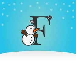 décoration amusante et mignonne de bonhomme de neige de la lettre f avec fond d'hiver de flocons de neige vecteur