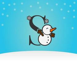 décoration amusante et mignonne de bonhomme de neige de lettre s avec fond d'hiver de flocons de neige