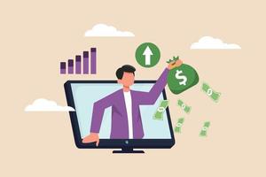 un homme d'affaires flotte sur un ordinateur portable, il reçoit un sac d'argent. financement et investissement. illustration de vecteur plat coloré isolé.
