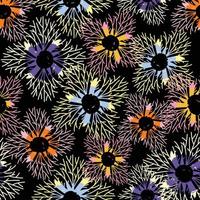 fleurs dessinées à la main doodle sans soudure sur fond noir, carte de voeux ou tissu vecteur