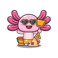 personnage de mascotte de dessin animé mignon axolotl jouant à la plage de sable vecteur