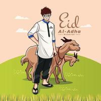 jeune garçon musulman se prépare pour l'aïd al adha avec deux chèvres vecteur illustratio téléchargement gratuit