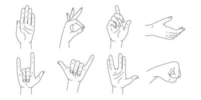 mains pose ensemble de vecteurs. divers dessins au trait de gestes de la main. illustration vectorielle isolée sur blanc vecteur