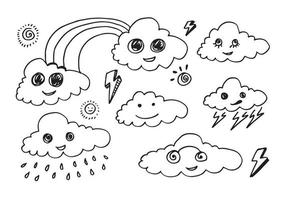 icônes de prévision météo kawaii. nuages ??de vecteur dessinés à la main drôle. illustration vectorielle.