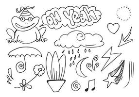 illustration vectorielle croquis de grenouille dessiné à la main avec flèche, coeur, pluie, étoile, feu d'artifice et nuages et autres éléments de conception. conception de ligne. vecteur