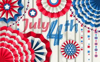 affiche du 4 juillet avec éventails ronds en papier pour décoration murale, rouge, bleu et blanc.