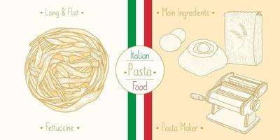 cuisson des pâtes fettuccine italiennes et des ingrédients principaux et de l'équipement des fabricants de pâtes, esquisse d'illustration dans un style vintage vecteur