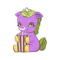 mignonne petite licorne violette boit un milkshake en verre rayé. vecteur