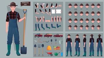 constructeur et constructeur de personnage d'agriculteur masculin avec outils, expressions, gestes de la main, synchronisation labiale, vecteur premium de camionnette