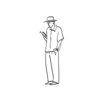 dessin au trait pleine longueur homme avec chapeau à l'aide de smartphone illustration vecteur dessiné à la main isolé sur fond blanc