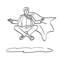 dessin au trait homme d'affaires avec cape faisant la méditation flottant dans l'air illustration vecteur dessiné à la main isolé sur fond blanc