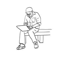 dessin au trait pleine longueur d'homme d'affaires avec des lunettes travaillant sur ordinateur portable illustration vecteur dessiné à la main isolé sur fond blanc