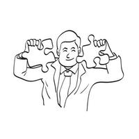 dessin au trait demi-longueur homme d'affaires tenant puzzle pazzle illustration vecteur dessiné à la main isolé sur fond blanc