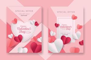 affiches de concept de la saint-valentin sertie de coeurs en papier rouge 3d et rose et cadre sur fond géométrique. jolies bannières ou cartes de voeux de vente d'amour vecteur