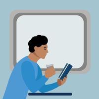 mec indien avec un livre dans une main et un café dans l'autre dans le contexte d'une fenêtre de train, vecteur plat