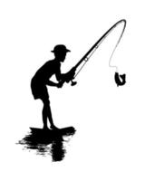 homme pêche silhouette illustration vectorielle. pêcheur silhouetté. pêcher avec une canne à pêche. vecteur