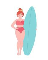 femme avec planche de surf. activité estivale, été, surf. Bonjour été. vacances d'été vecteur